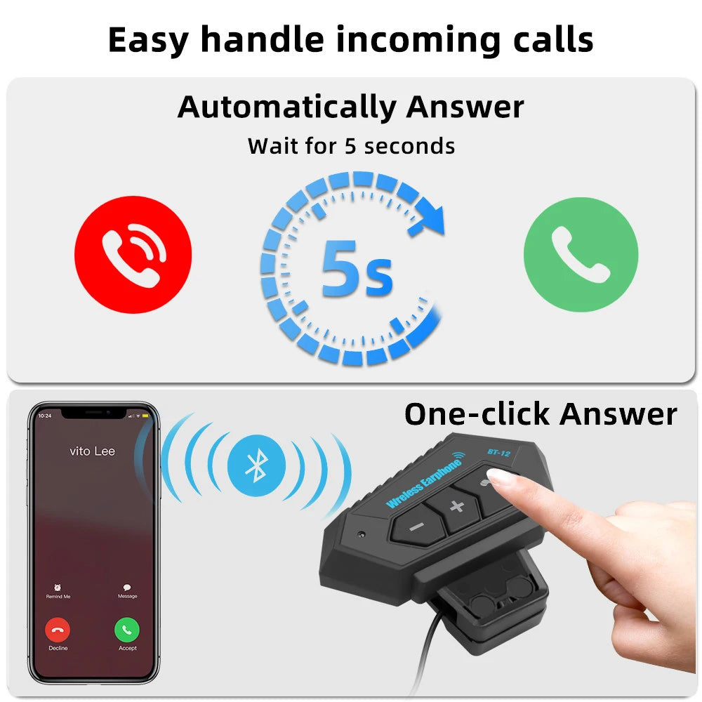 A hand presses a button on a Bluetooth motorcycle helmet headset to answer an incoming call.