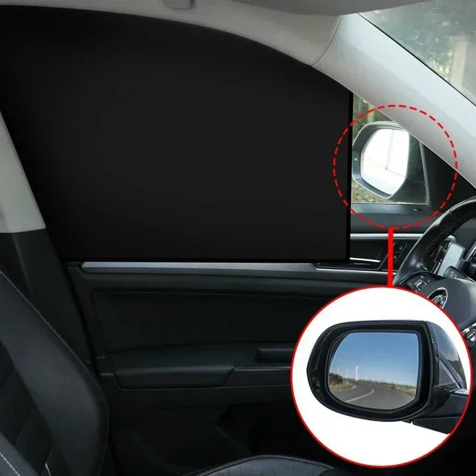 Magnetic car window sunshades installed on a vehicle interior, showing the shade covering the window and a view of the exteri