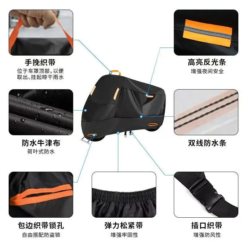 A black heavy-duty waterproof motorcycle cover shown with various features like straps and protective layers.