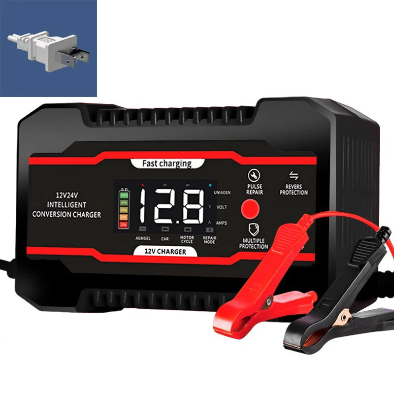 A black intelligent conversion charger for 12V automotive batteries with a red fast charging indicator and attached cables.