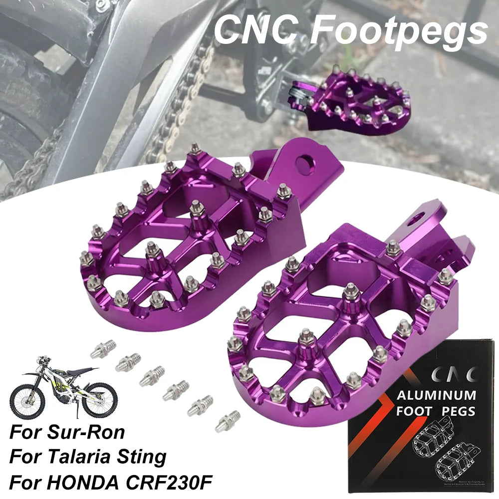 Purple CNC aluminum foot pegs for Sur-Ron, Talaria Sting, and Honda CRF230F motorcycles