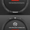 A black carbon fiber steering wheel cover showing two different designs: a pattern with ventilation holes and a solid texture