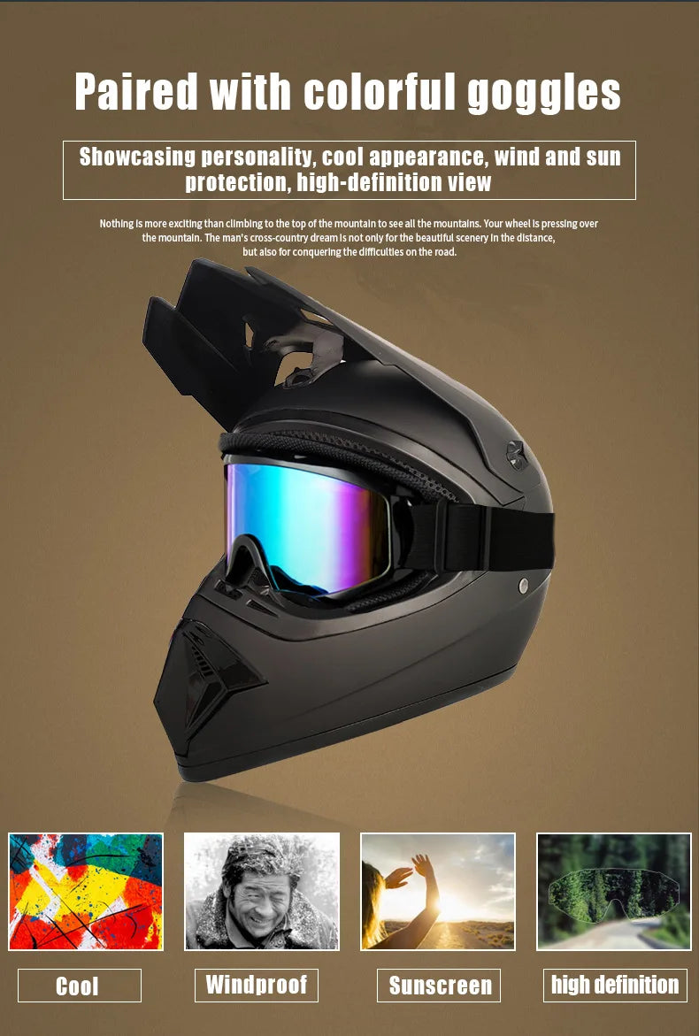 A black off-road safety helmet with colorful goggles is shown against a neutral background.