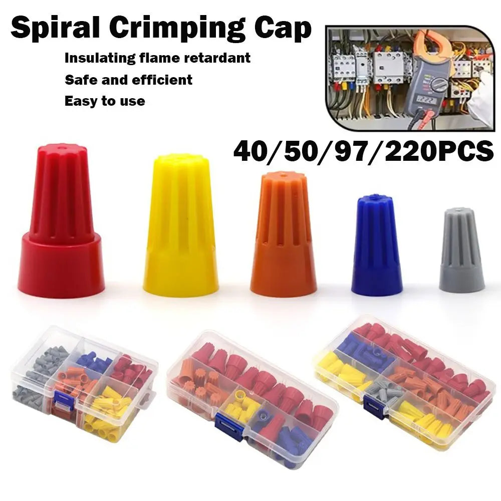 A set of spiral crimping caps in various colors including red, yellow, orange, and blue, along with a collection of insulated