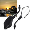 A black high-visibility motorcycle rearview mirror with a large, clear reflective surface.