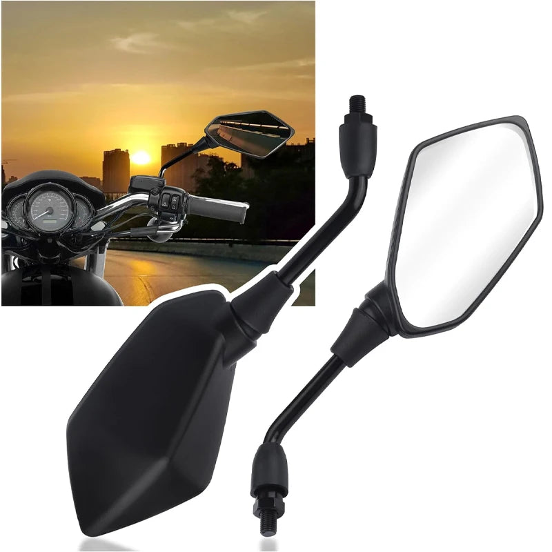 A black high-visibility motorcycle rearview mirror with a large, clear reflective surface.