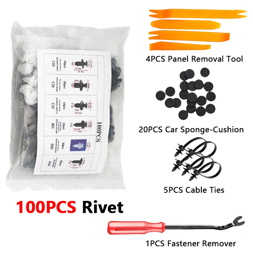 A collection of various automotive fasteners including rivet clips, panel removal tools, sponge cushions, cable ties, and a f