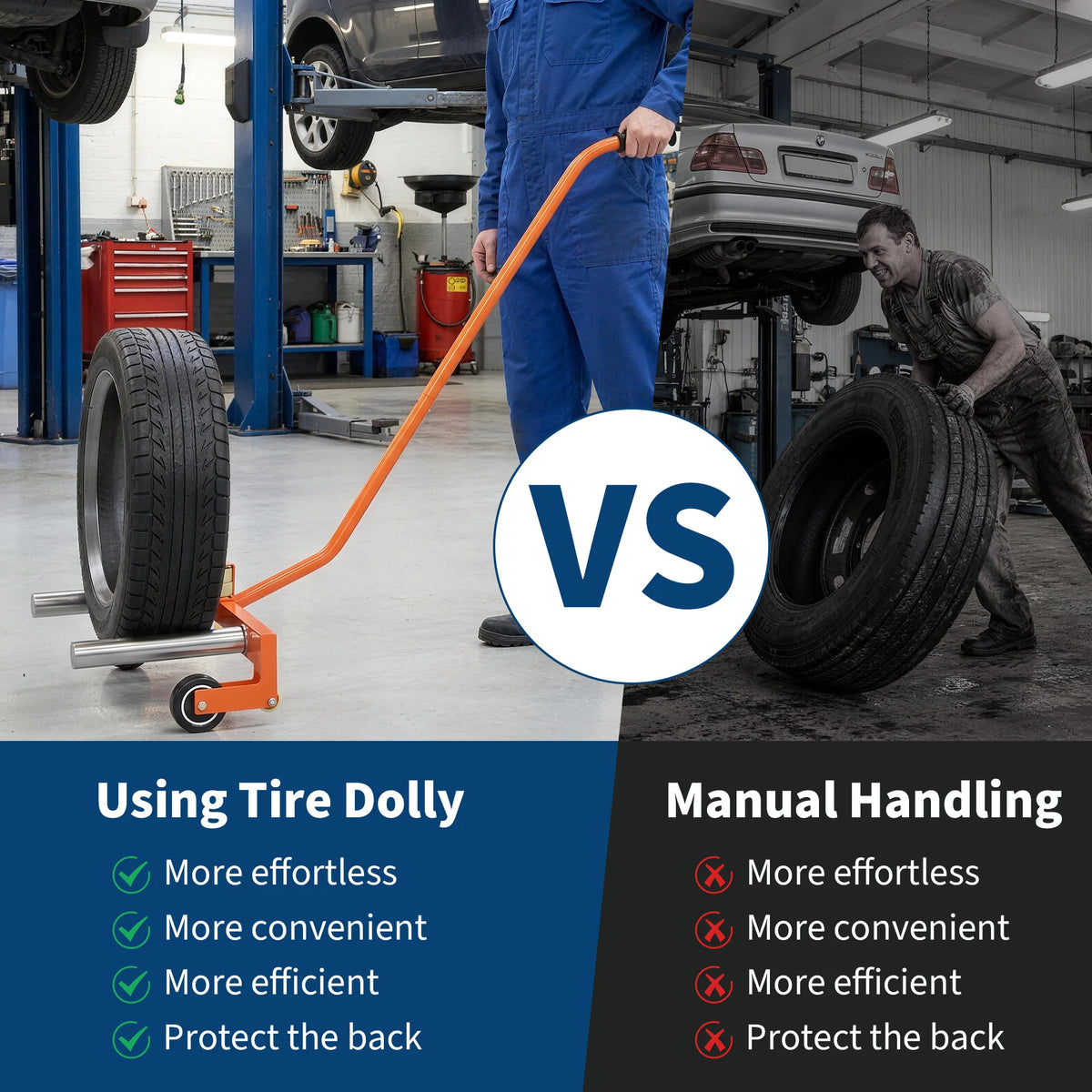 Comparison showing a heavy duty adjustable tire dolly versus manual handling for tire movement.