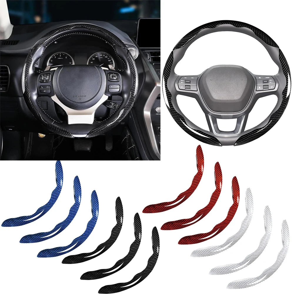 Set of carbon fiber steering wheel covers in various colors and finishes