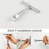 A silver T-shaped installation tool is shown with a tutorial demonstrating its use for installation.