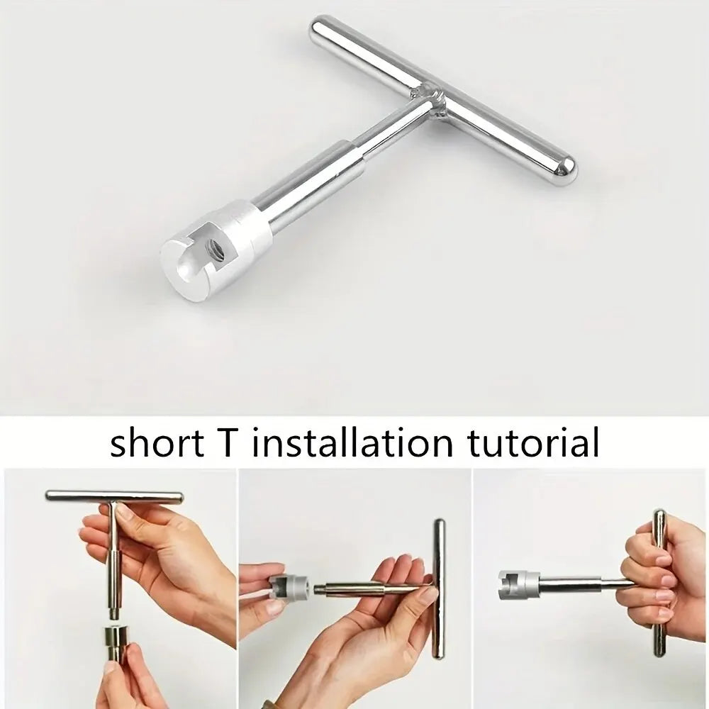 A silver T-shaped installation tool is shown with a tutorial demonstrating its use for installation.