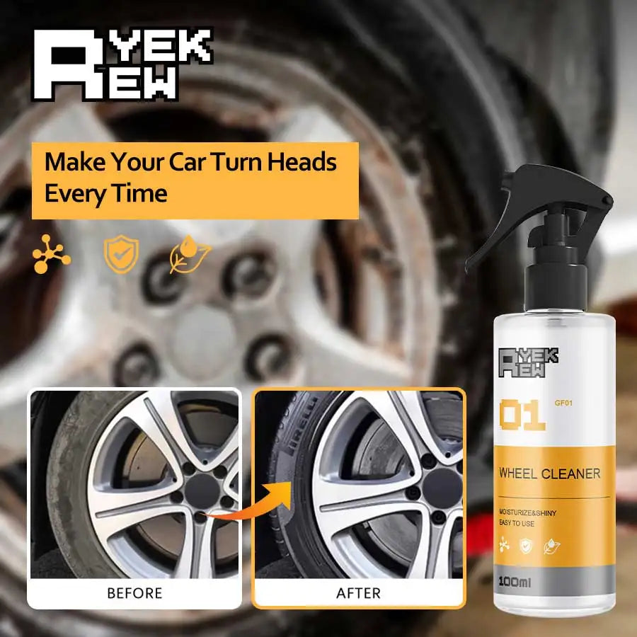 A bottle of YEKREW wheel cleaner with before and after images showing car wheels.