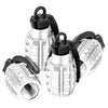 A set of four silver and black aluminum tire valve caps for automotive use.