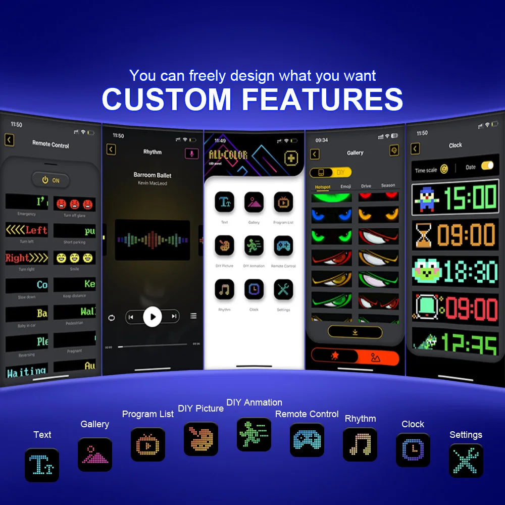 A screen displaying various custom features and modes for a 2-in-1 LED Pixel Panel Light with App Control.