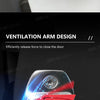 Close-up of a ventilation arm design for car door locks showing a metallic red and blue mechanism.