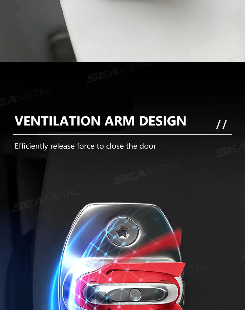 Close-up of a ventilation arm design for car door locks showing a metallic red and blue mechanism.
