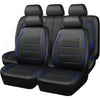 Black universal leather car seat covers with blue stitching shown from the back.