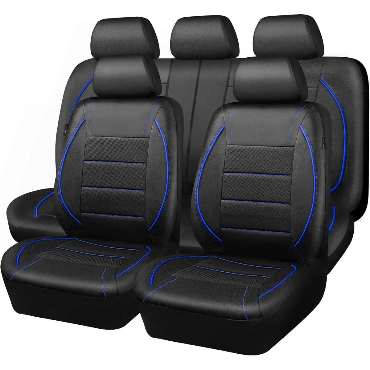 Black universal leather car seat covers with blue stitching shown from the back.