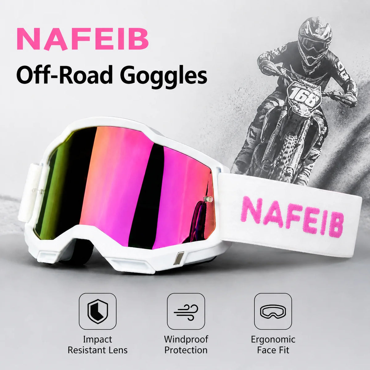 A pair of white off-road goggles with a pink strap and a reflective lens are displayed next to an image of a rider on a motor