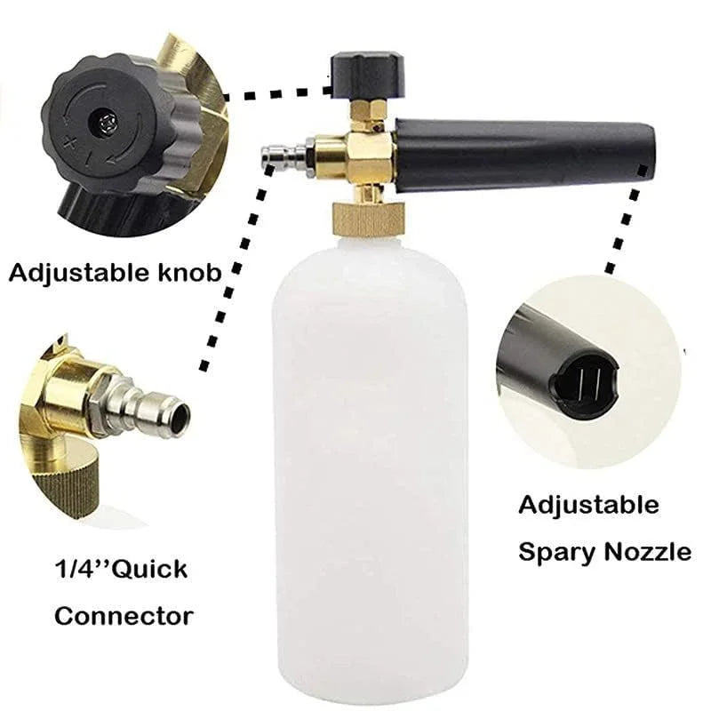 A white foam pressure washer kit featuring an adjustable knob, a quick connector, and an adjustable spary nozzle.