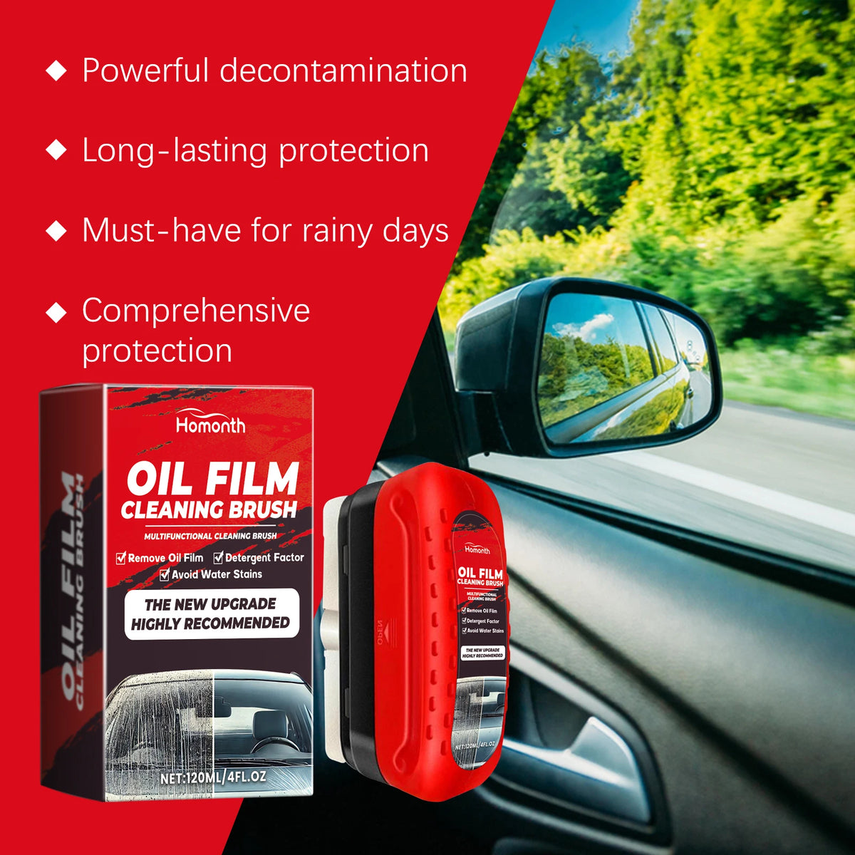 A red oil film cleaning brush is shown next to a car window, with text highlighting its features.