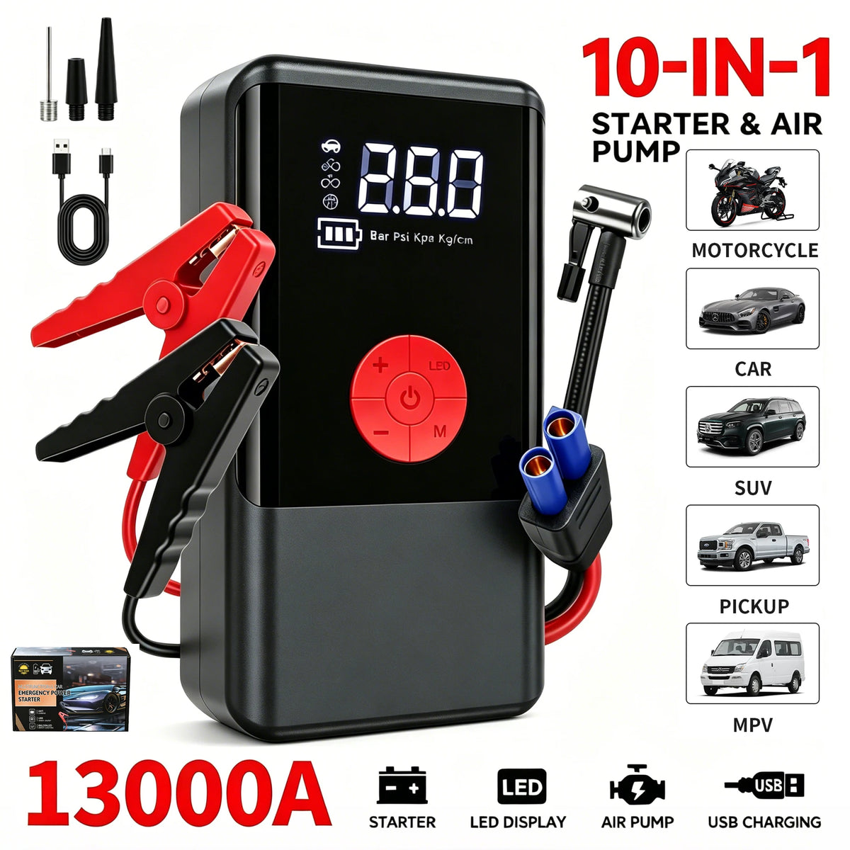 A black 10-in-1 starter and air pump device with various tools for motorcycle, car, SUV, pickup, and MVP.