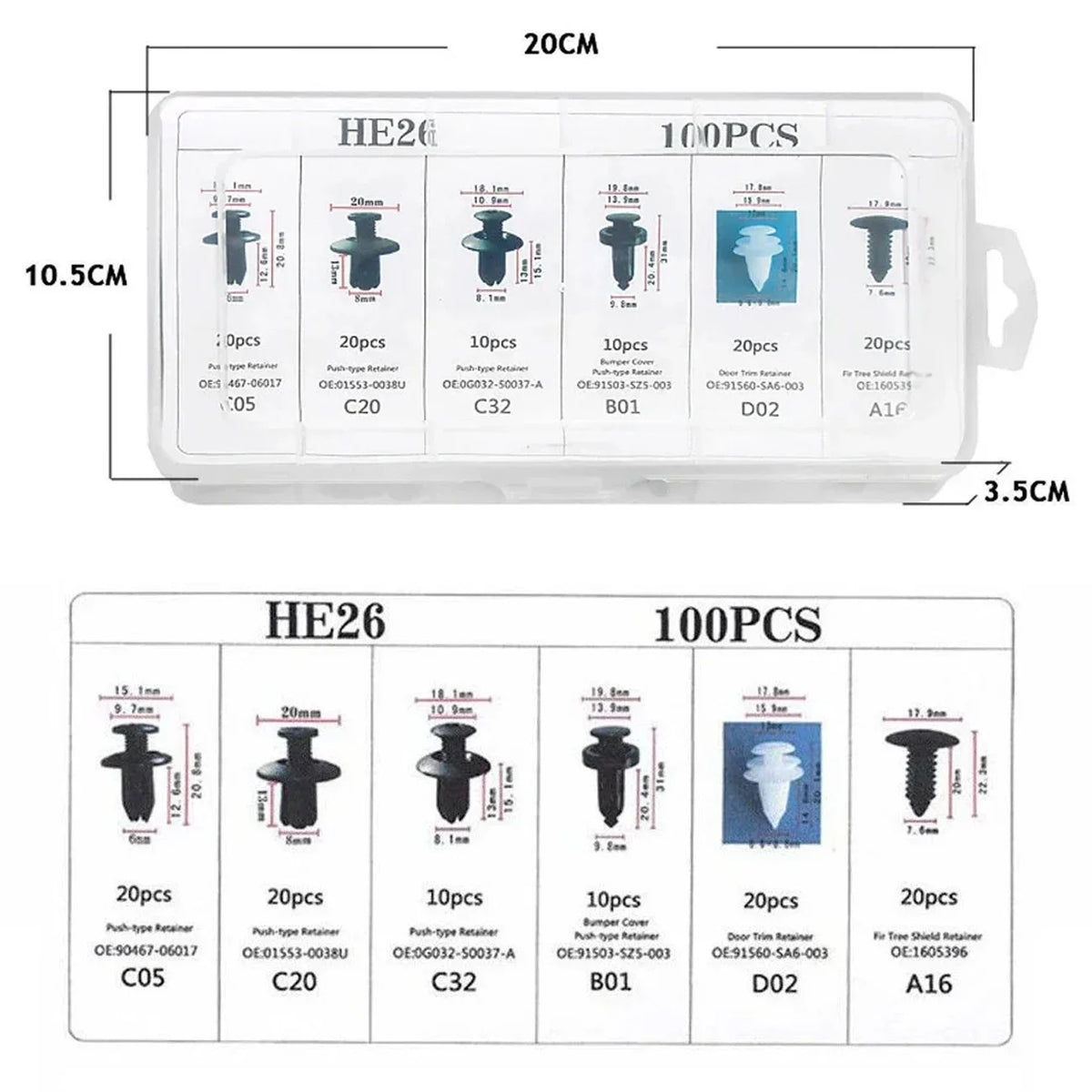 A set of HE26 rivet clips, including various sizes and types, packaged for body repair.
