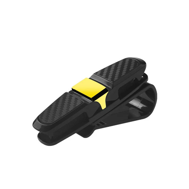Black universal car glasses holder clip for sunglasses and eyeglasses with a yellow accent