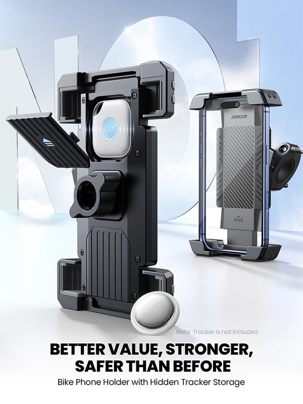 A black bike phone holder device with a built-in hidden tracker is shown on a white surface.
