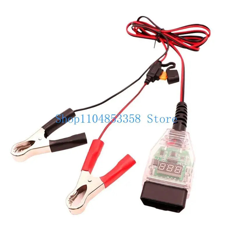 A red and black professional OBD2 battery replacement and monitoring tool with cables.