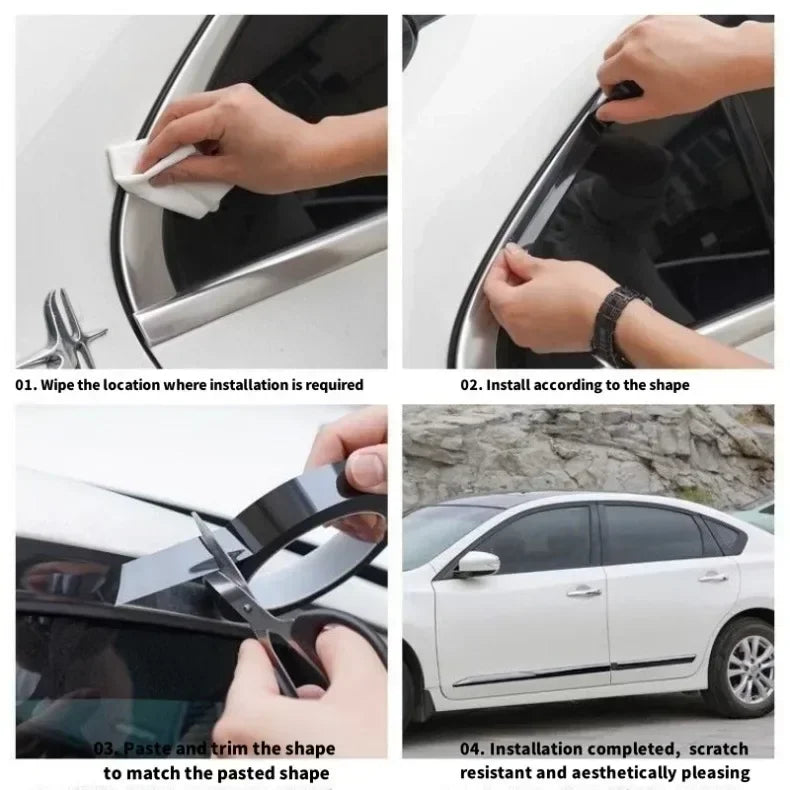 Step-by-step guide showing how to install glossy anti-scratch window trim decals on a car
