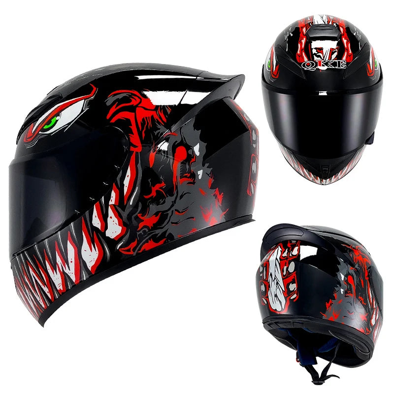 A black full face motorcycle helmet featuring a red and white graphic design.