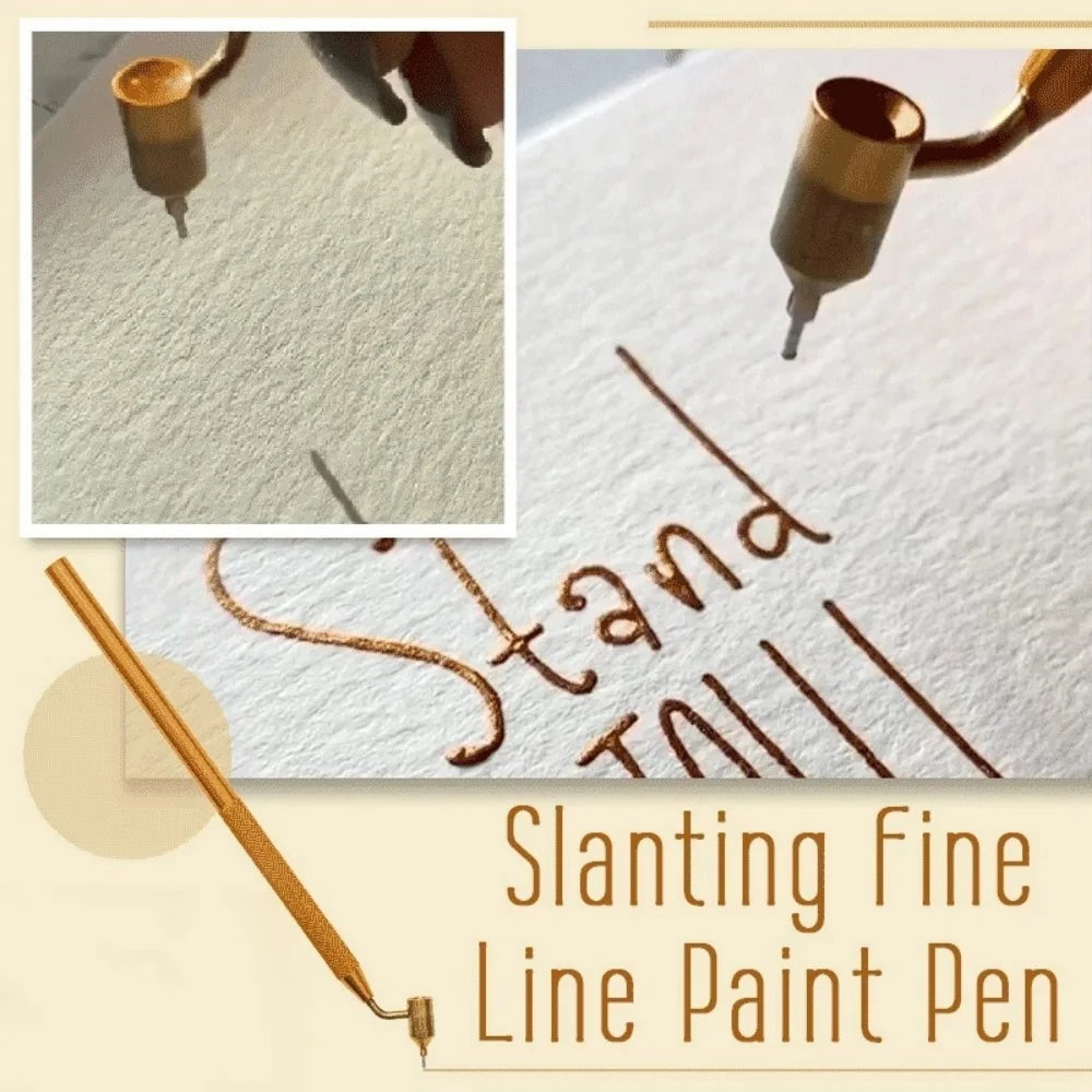 A close-up of a slanting fine line paint pen with a brass applicator tip drawing the word Stand Tall on white paper.