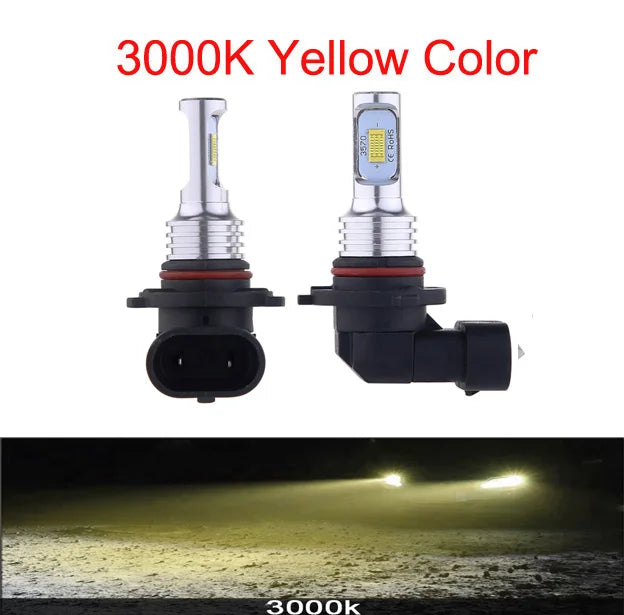 Two 3000K yellow color LED headlight bulbs shown next to a light beam test.