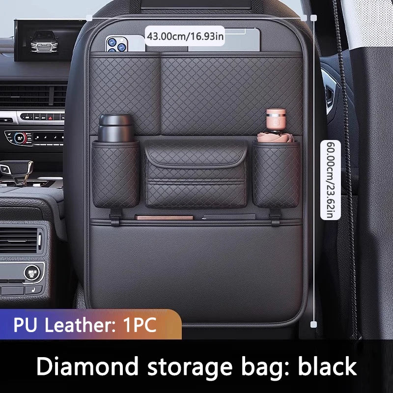 Black PU leather diamond storage bag for a luxury car seat back organizer.