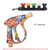 A high-pressure water gun with a hand-painted graffiti design and a set of colored plastic nozzles.