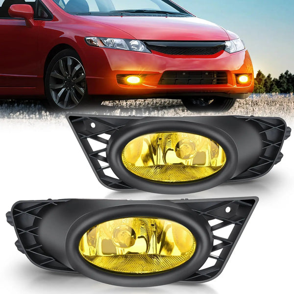 A replacement fog light assembly with an amber lens and black housing for a Honda Civic sedan.