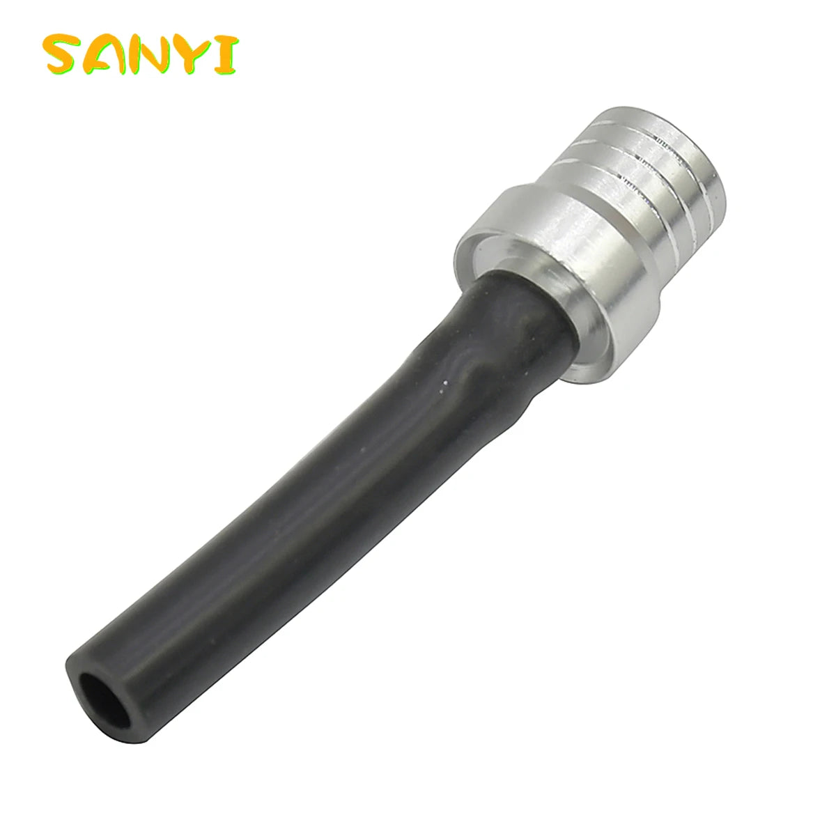 A black fuel vent breather hose with a silver threaded end for a motorcycle.