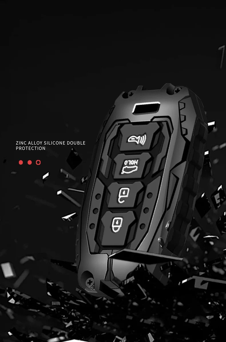A black universal car key fob cover made of zinc alloy silicone with double protection features.
