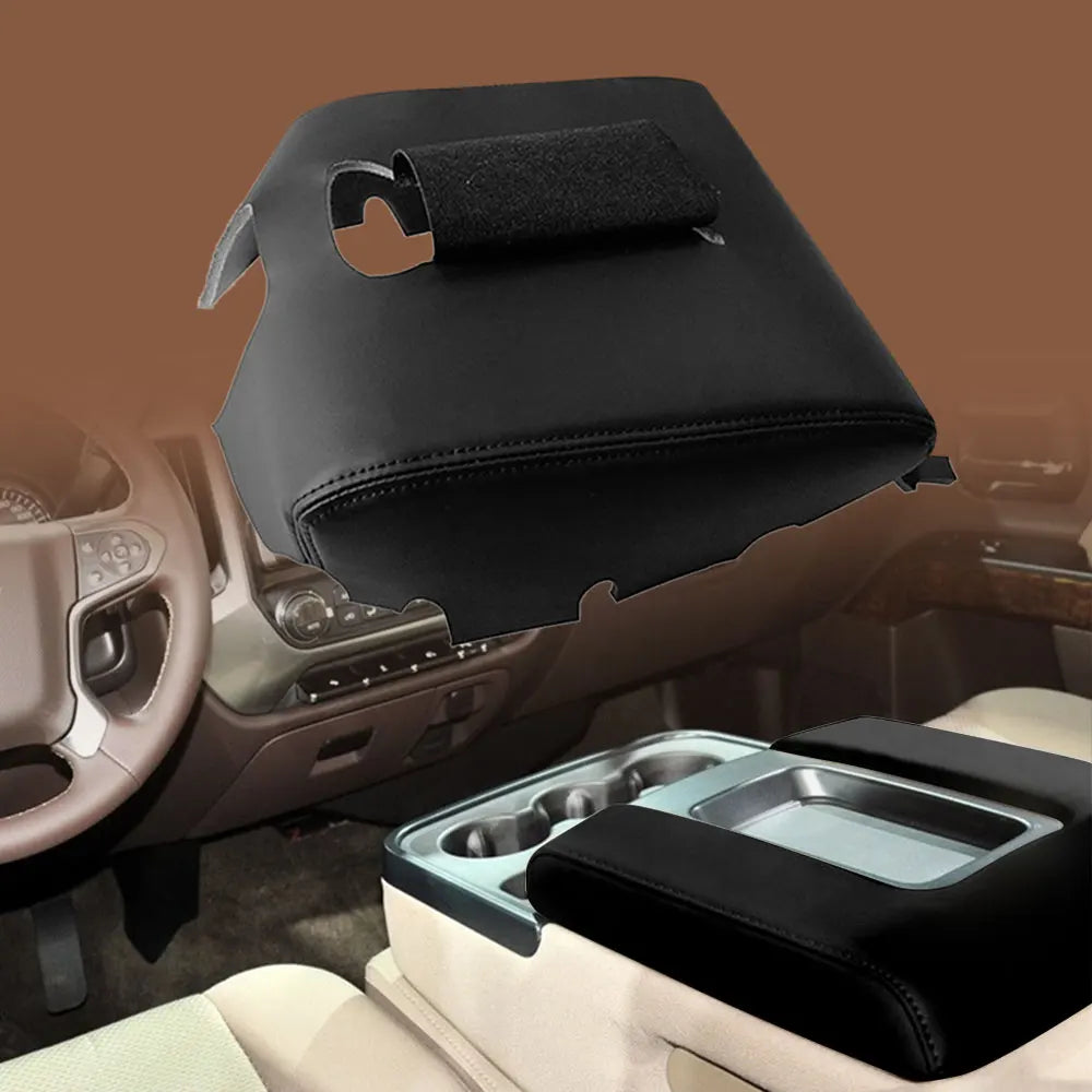 Black microfiber leather armrest cover for a vehicle interior
