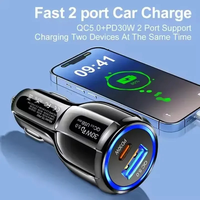 A black 30W dual-port USB-C car charger is shown next to a smartphone displaying a charging screen.