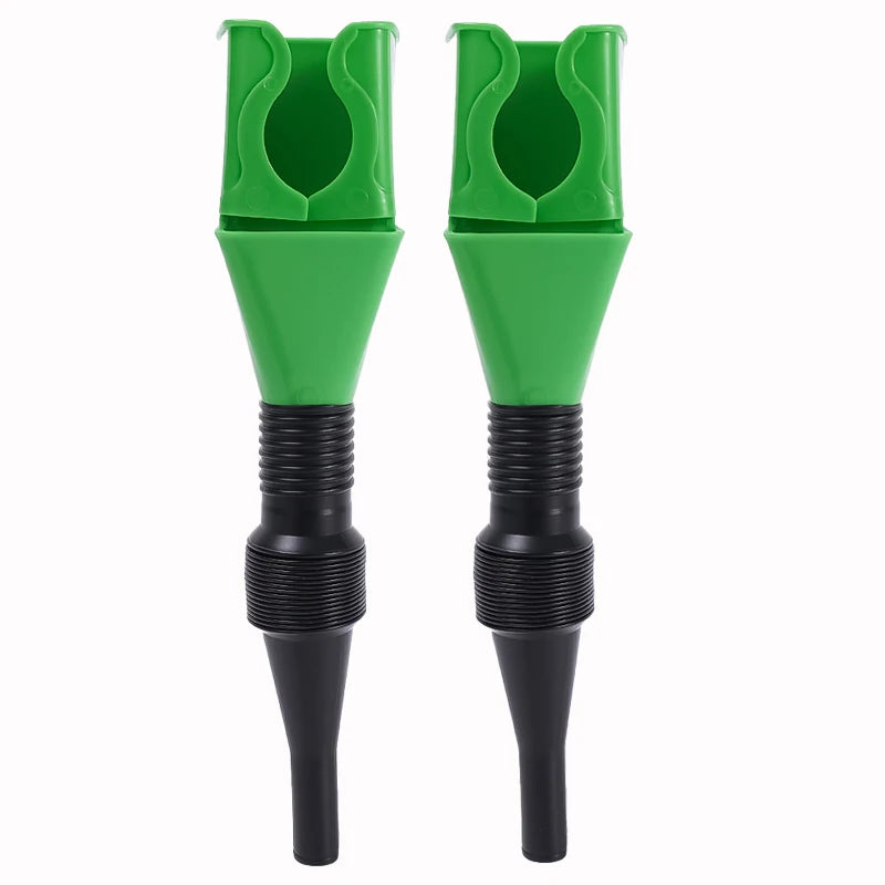 A pair of green and black universal car fuel transfer funnels.