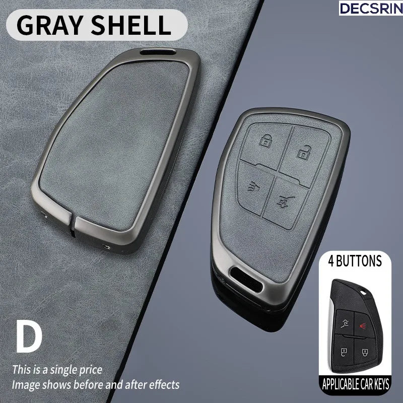 A gray shell multi-button car key case cover shown in different angles and context.