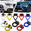 A collection of decorative racing tow hook stickers in various colors and finishes for car bumpers.