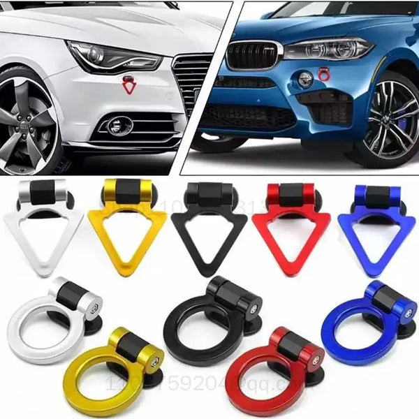 A collection of decorative racing tow hook stickers in various colors and finishes for car bumpers.