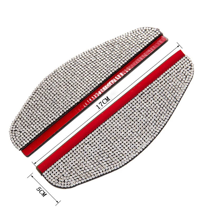 A pair of rhinestone car rain shield visors with red trim and a 5cm width are shown.