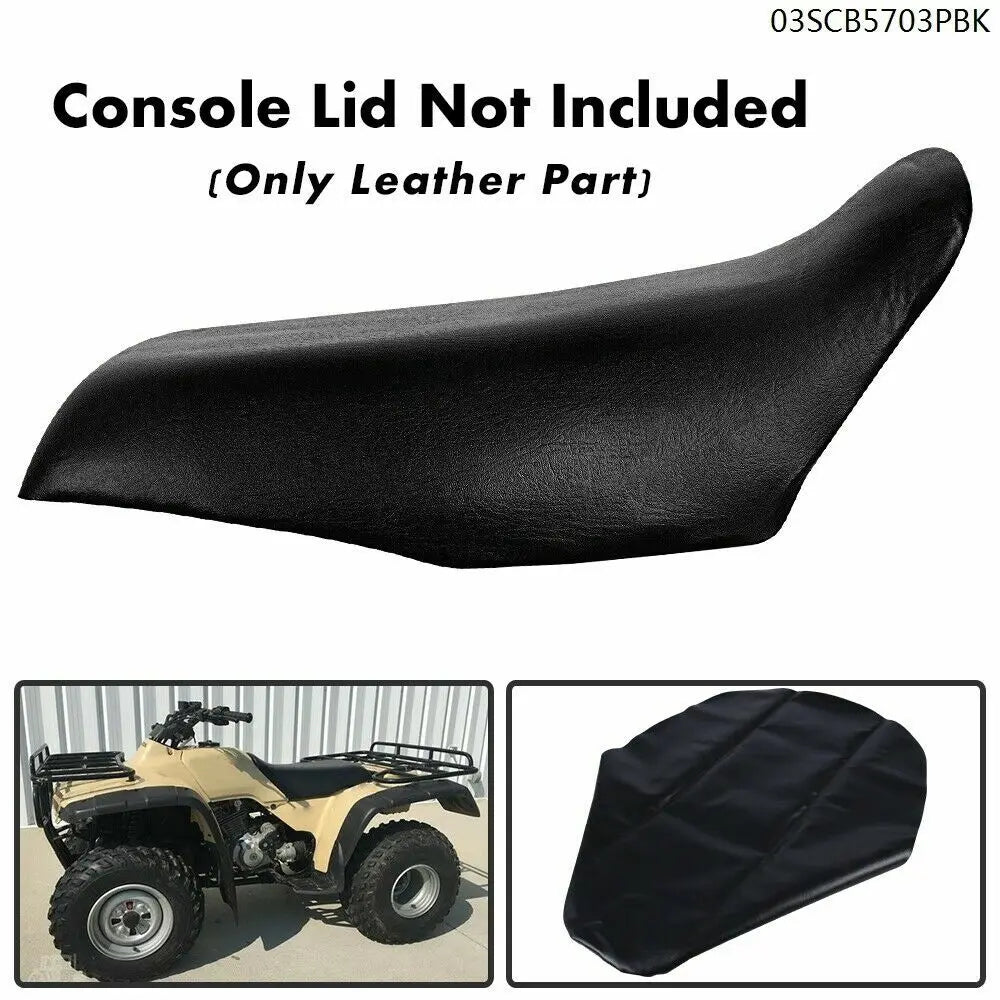 Black leather seat cover for a Honda Fourtrax 300 ATV, shown in detail and installed on the vehicle.