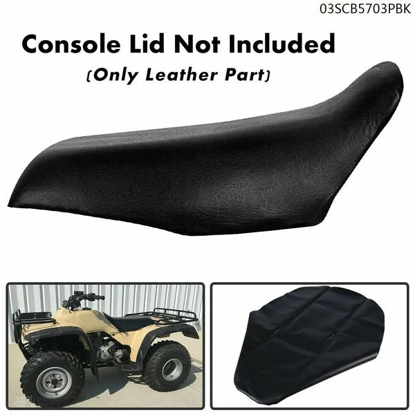 Black leather seat cover for a Honda Fourtrax 300 ATV, shown in detail and installed on the vehicle.