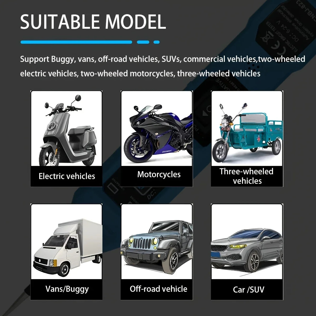 A collection of vehicles including electric vehicles, motorcycles, three-wheeled vehicles, vans/buggy, off-road vehicles, and
