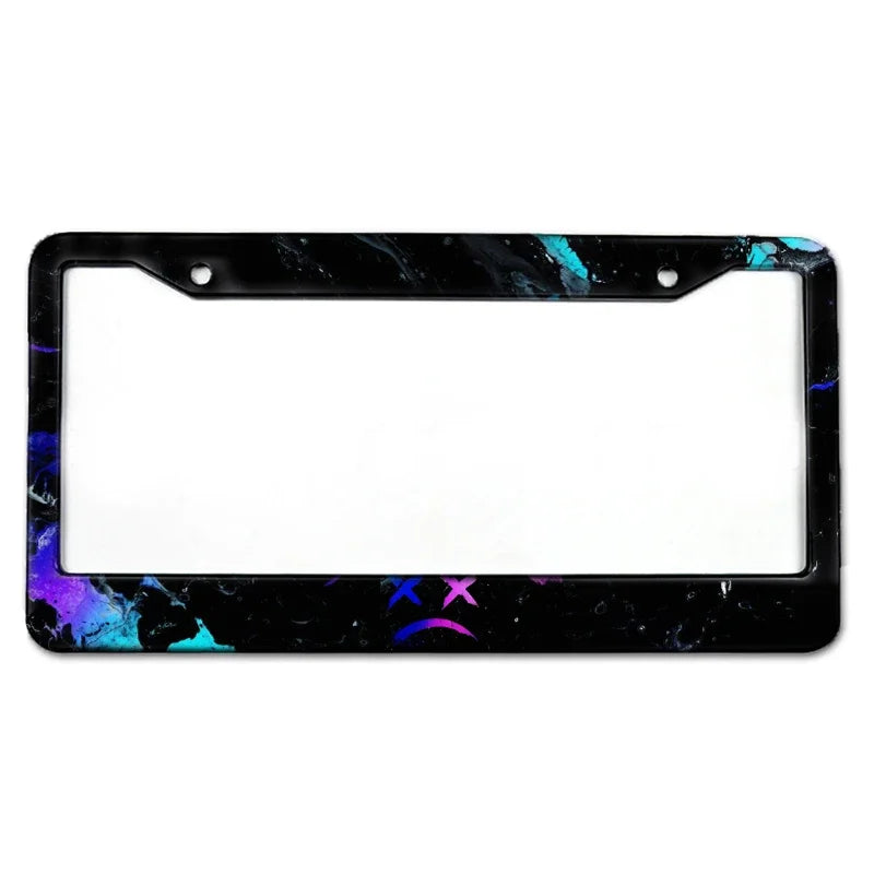 Black and blue marbled aluminum license plate frame with decorative star accents
